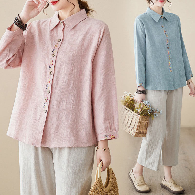 Nimara Ritual Spring Plain Embroidered Flower Pattern Button Women's Long Sleeve Cotton Lapel Shirt