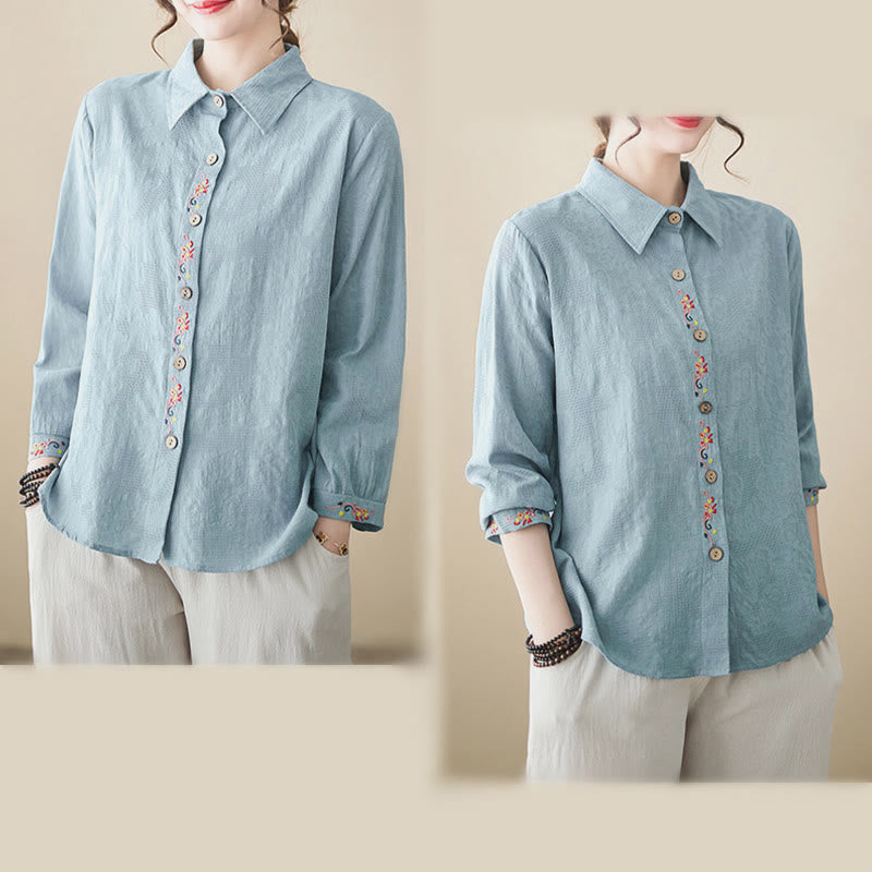 Nimara Ritual Spring Plain Embroidered Flower Pattern Button Women's Long Sleeve Cotton Lapel Shirt