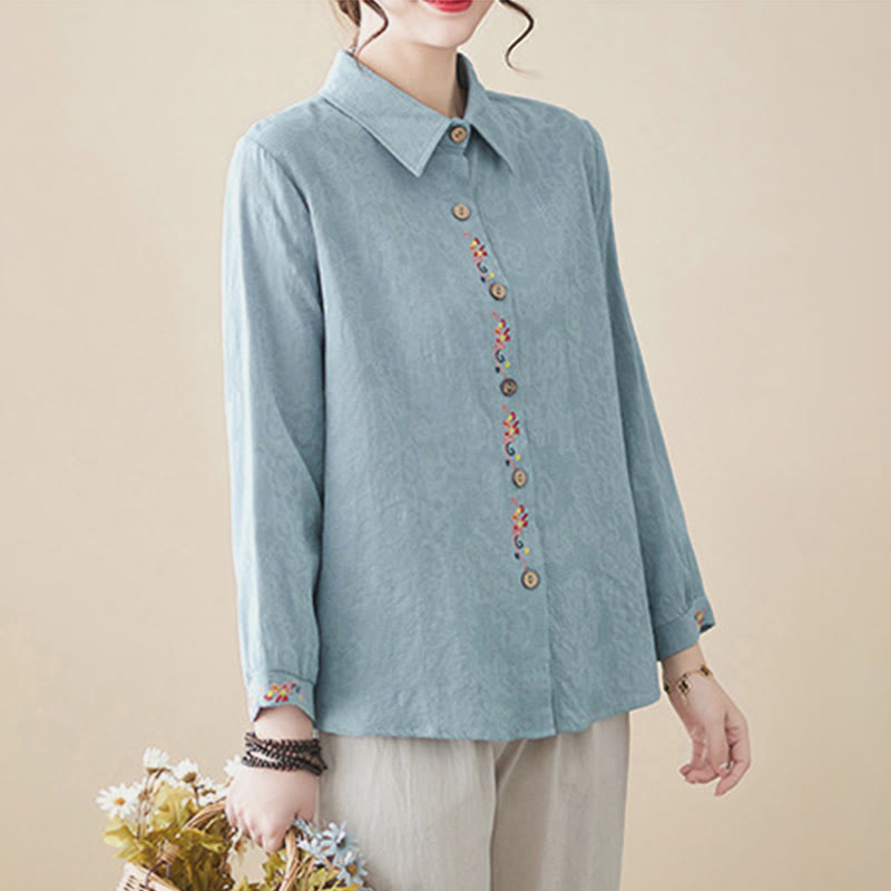Nimara Ritual Spring Plain Embroidered Flower Pattern Button Women's Long Sleeve Cotton Lapel Shirt