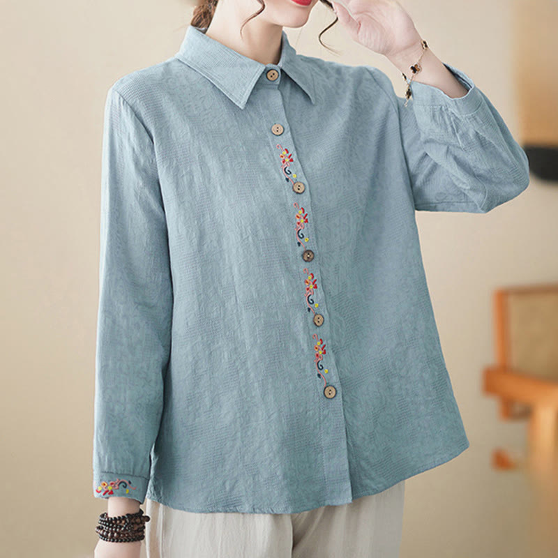Nimara Ritual Spring Plain Embroidered Flower Pattern Button Women's Long Sleeve Cotton Lapel Shirt