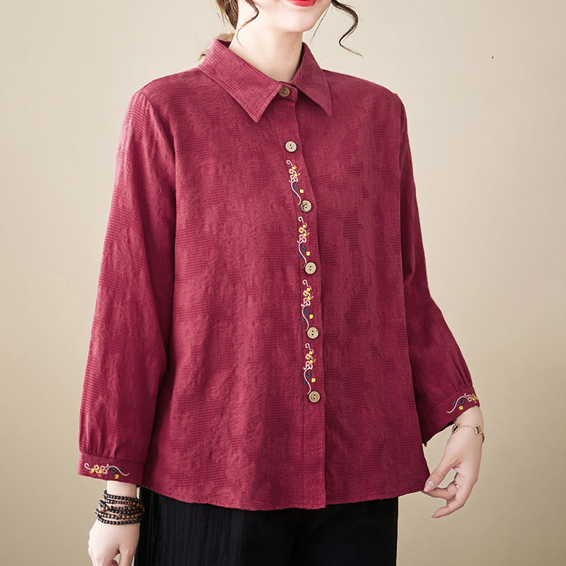 Nimara Ritual Spring Plain Embroidered Flower Pattern Button Women's Long Sleeve Cotton Lapel Shirt