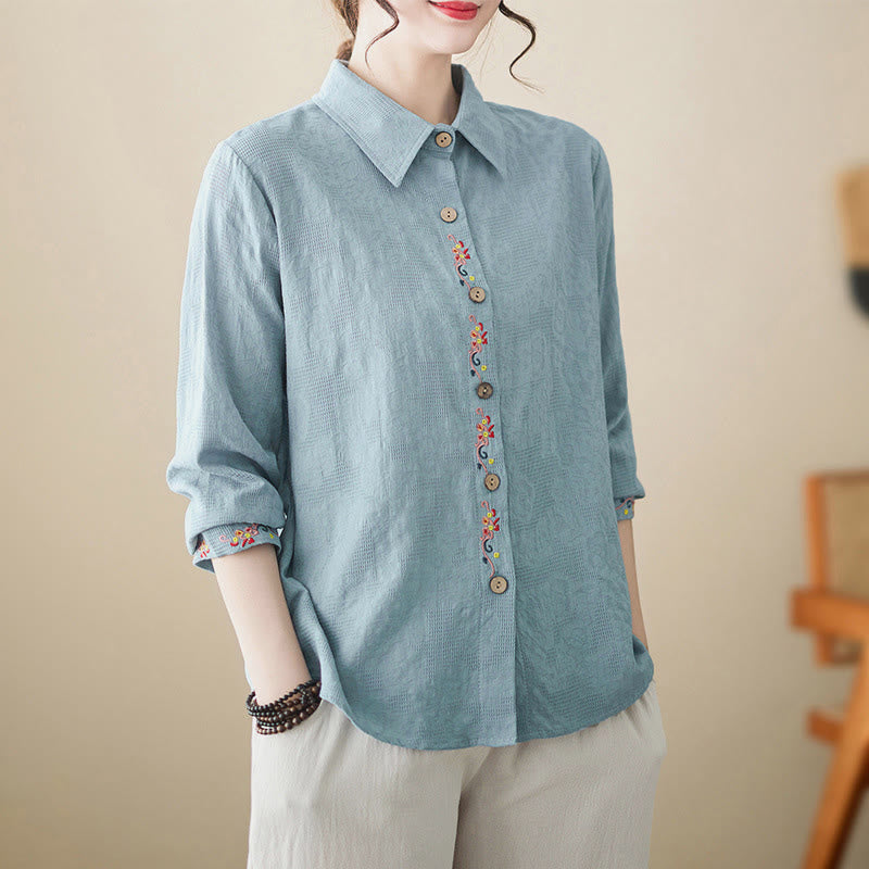 Nimara Ritual Spring Plain Embroidered Flower Pattern Button Women's Long Sleeve Cotton Lapel Shirt