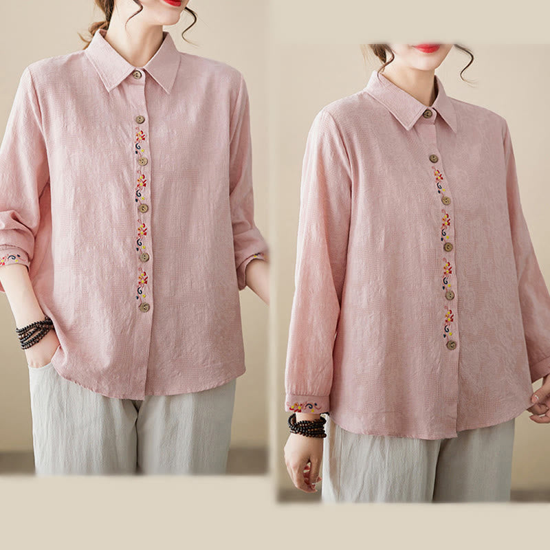 Nimara Ritual Spring Plain Embroidered Flower Pattern Button Women's Long Sleeve Cotton Lapel Shirt