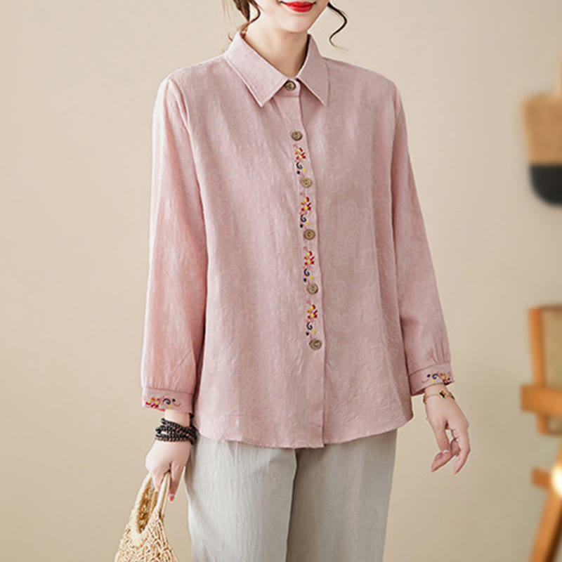 Nimara Ritual Spring Plain Embroidered Flower Pattern Button Women's Long Sleeve Cotton Lapel Shirt