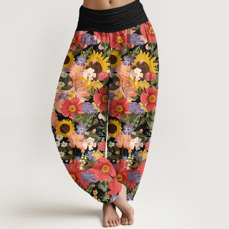 Nimara Ritual Pure Cotton Colorful Sunflower Daisy Small Red Purple Flowers Pattern Women's Elastic Waist Harem Pants