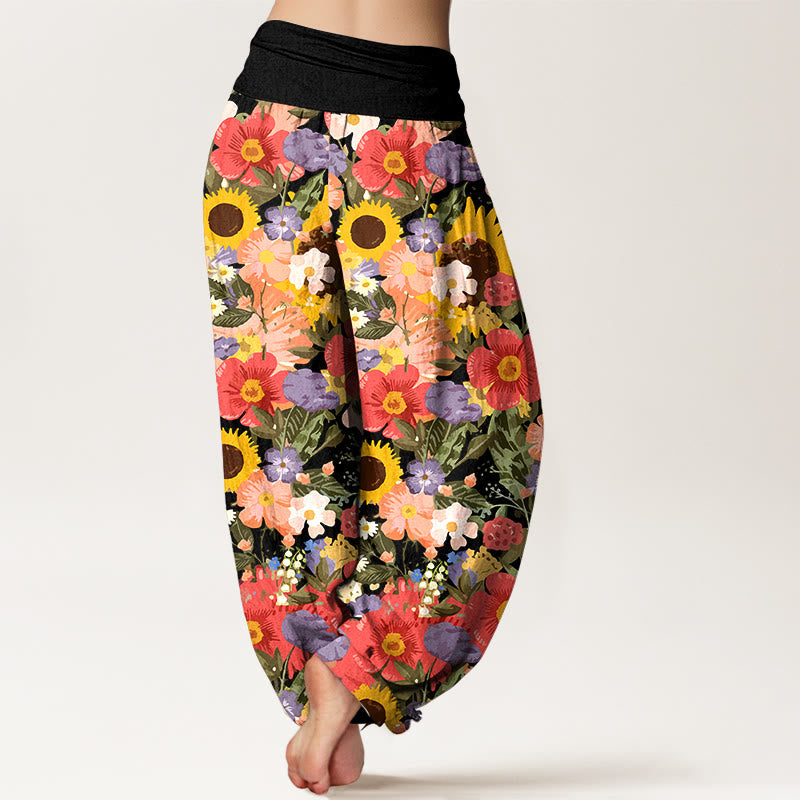 Nimara Ritual Pure Cotton Colorful Sunflower Daisy Small Red Purple Flowers Pattern Women's Elastic Waist Harem Pants