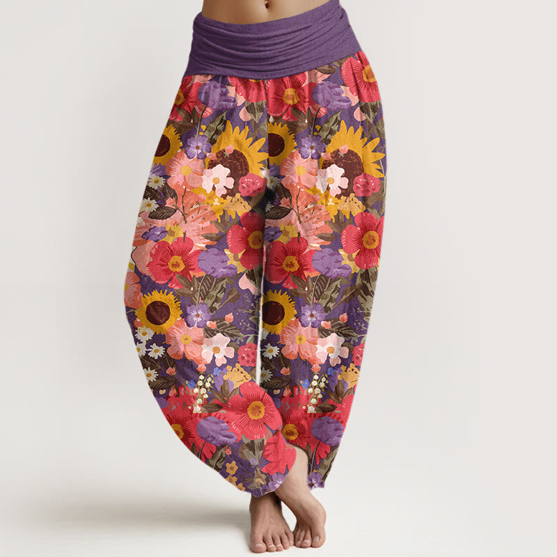Nimara Ritual Pure Cotton Colorful Sunflower Daisy Small Red Purple Flowers Pattern Women's Elastic Waist Harem Pants