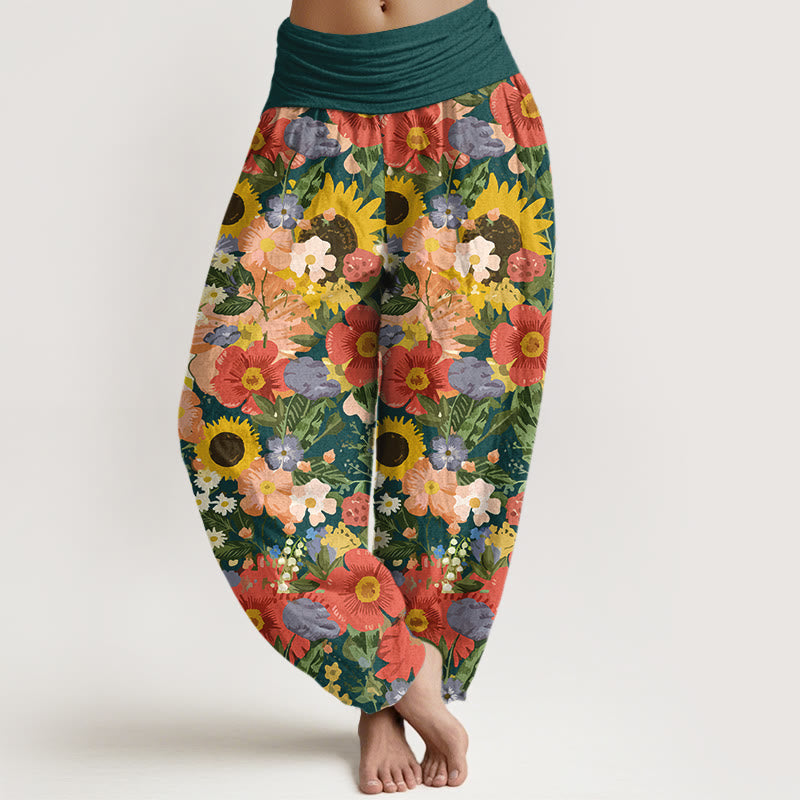 Nimara Ritual Pure Cotton Colorful Sunflower Daisy Small Red Purple Flowers Pattern Women's Elastic Waist Harem Pants