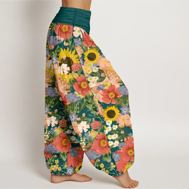 Nimara Ritual Pure Cotton Colorful Sunflower Daisy Small Red Purple Flowers Pattern Women's Elastic Waist Harem Pants