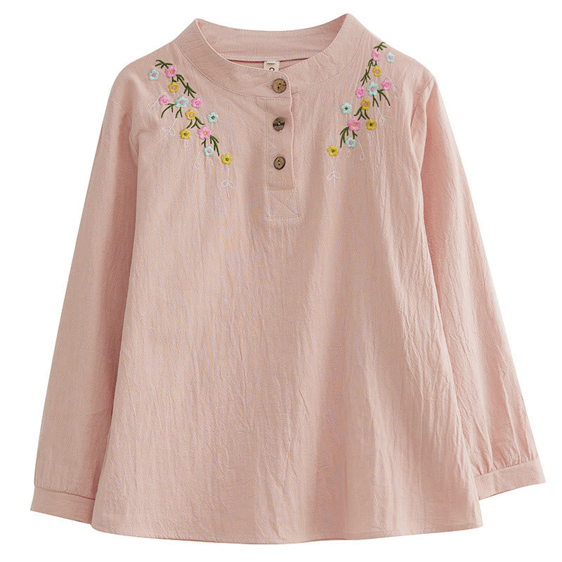 Nimara Ritual Women's Spring Embroidered Flower Pattern Stand Collar Long Sleeve Cotton Shirt