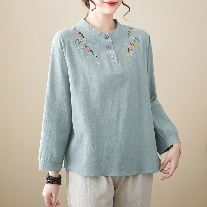 Nimara Ritual Women's Spring Embroidered Flower Pattern Stand Collar Long Sleeve Cotton Shirt