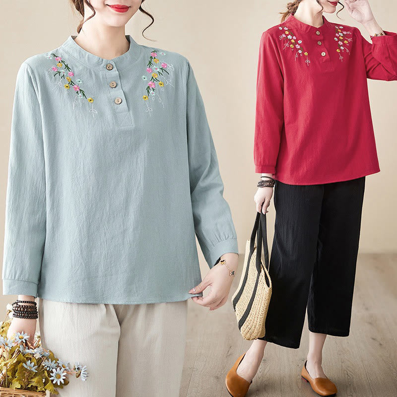 Nimara Ritual Women's Spring Embroidered Flower Pattern Stand Collar Long Sleeve Cotton Shirt