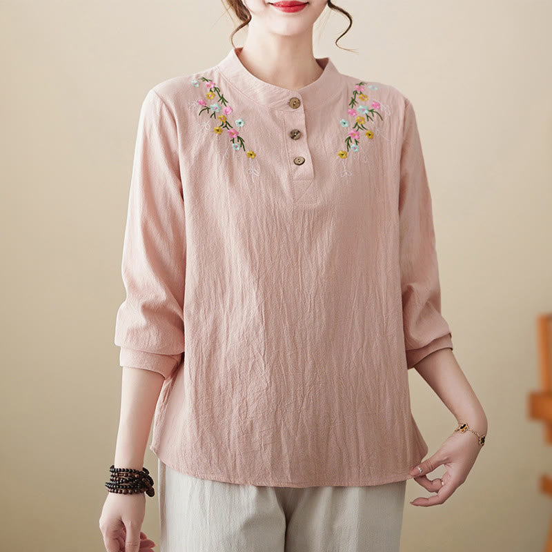 Nimara Ritual Women's Spring Embroidered Flower Pattern Stand Collar Long Sleeve Cotton Shirt
