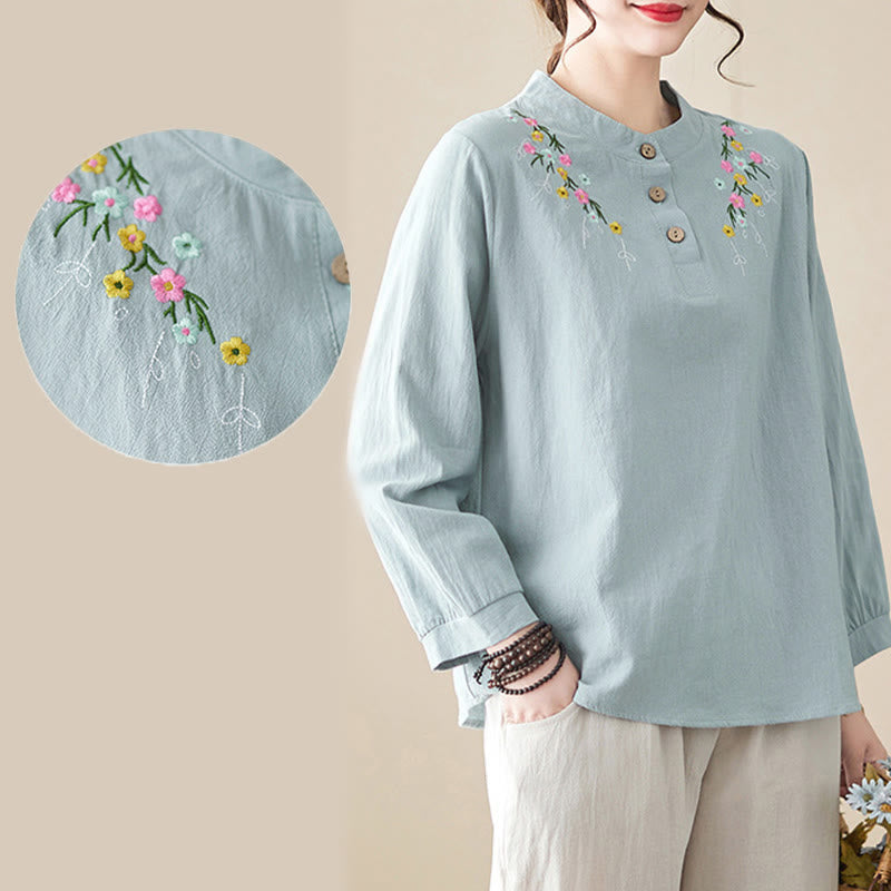 Nimara Ritual Women's Spring Embroidered Flower Pattern Stand Collar Long Sleeve Cotton Shirt