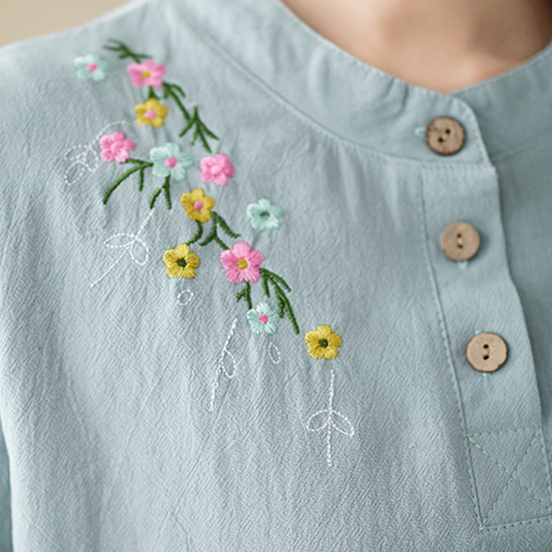 Nimara Ritual Women's Spring Embroidered Flower Pattern Stand Collar Long Sleeve Cotton Shirt