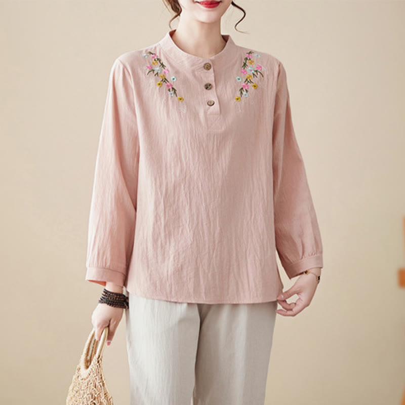 Nimara Ritual Women's Spring Embroidered Flower Pattern Stand Collar Long Sleeve Cotton Shirt