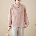 Nimara Ritual Women's Spring Embroidered Flower Pattern Stand Collar Long Sleeve Cotton Shirt