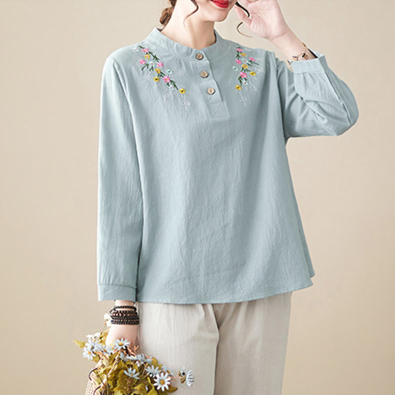 Nimara Ritual Women's Spring Embroidered Flower Pattern Stand Collar Long Sleeve Cotton Shirt