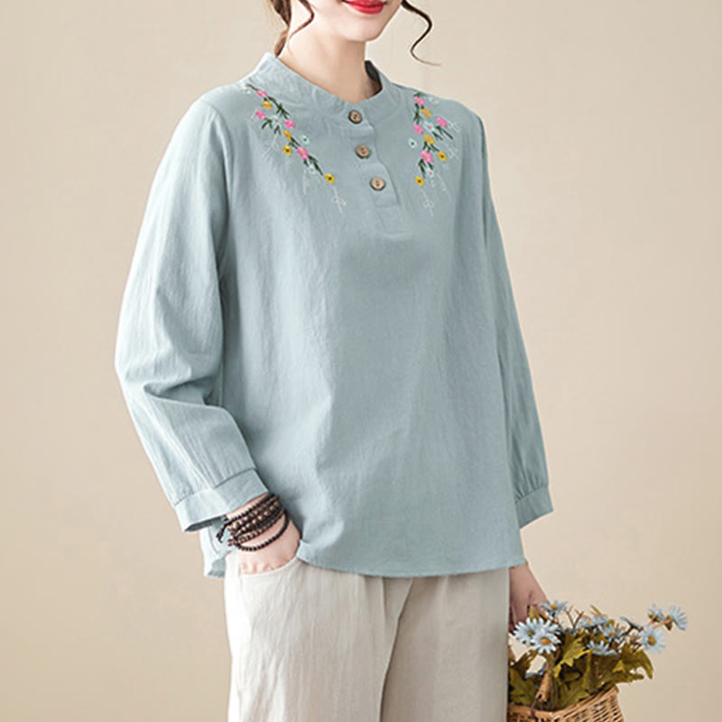 Nimara Ritual Women's Spring Embroidered Flower Pattern Stand Collar Long Sleeve Cotton Shirt