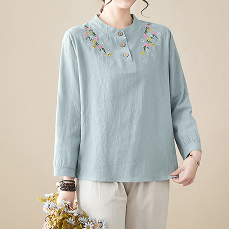Nimara Ritual Women's Spring Embroidered Flower Pattern Stand Collar Long Sleeve Cotton Shirt