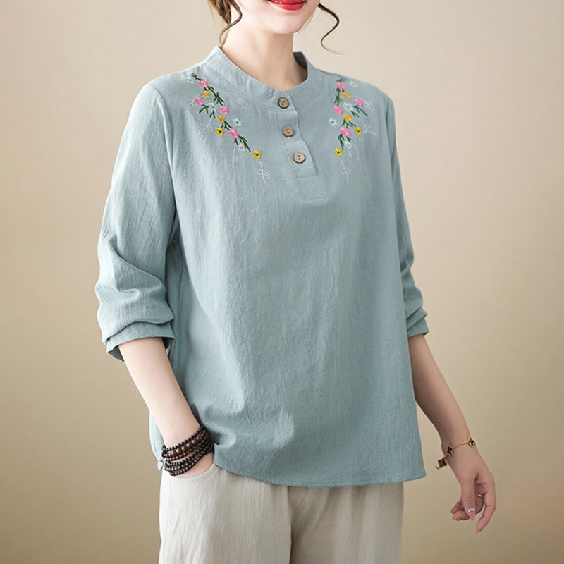 Nimara Ritual Women's Spring Embroidered Flower Pattern Stand Collar Long Sleeve Cotton Shirt