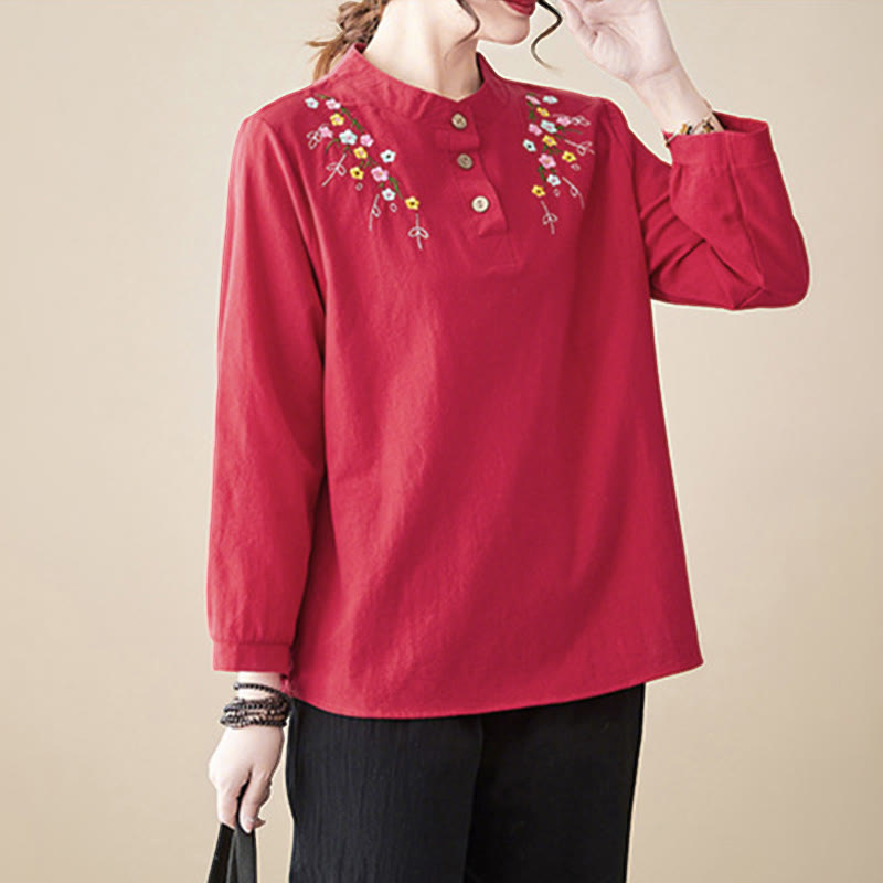 Nimara Ritual Women's Spring Embroidered Flower Pattern Stand Collar Long Sleeve Cotton Shirt