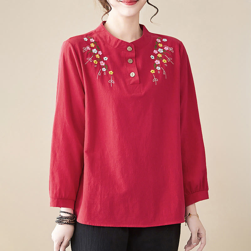 Nimara Ritual Women's Spring Embroidered Flower Pattern Stand Collar Long Sleeve Cotton Shirt