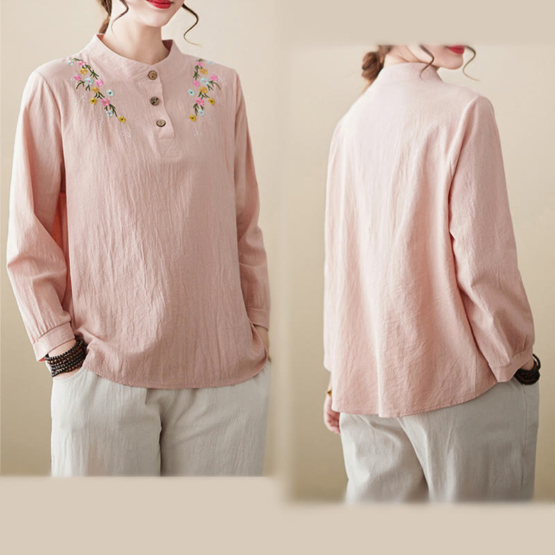 Nimara Ritual Women's Spring Embroidered Flower Pattern Stand Collar Long Sleeve Cotton Shirt