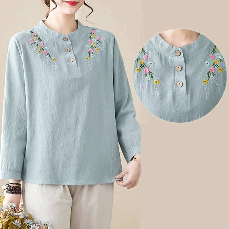 Nimara Ritual Women's Spring Embroidered Flower Pattern Stand Collar Long Sleeve Cotton Shirt