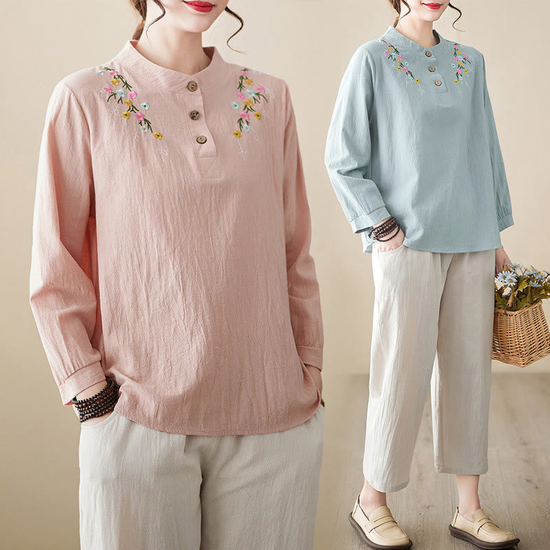 Nimara Ritual Women's Spring Embroidered Flower Pattern Stand Collar Long Sleeve Cotton Shirt