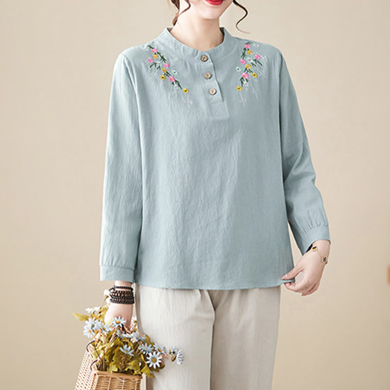 Nimara Ritual Women's Spring Embroidered Flower Pattern Stand Collar Long Sleeve Cotton Shirt