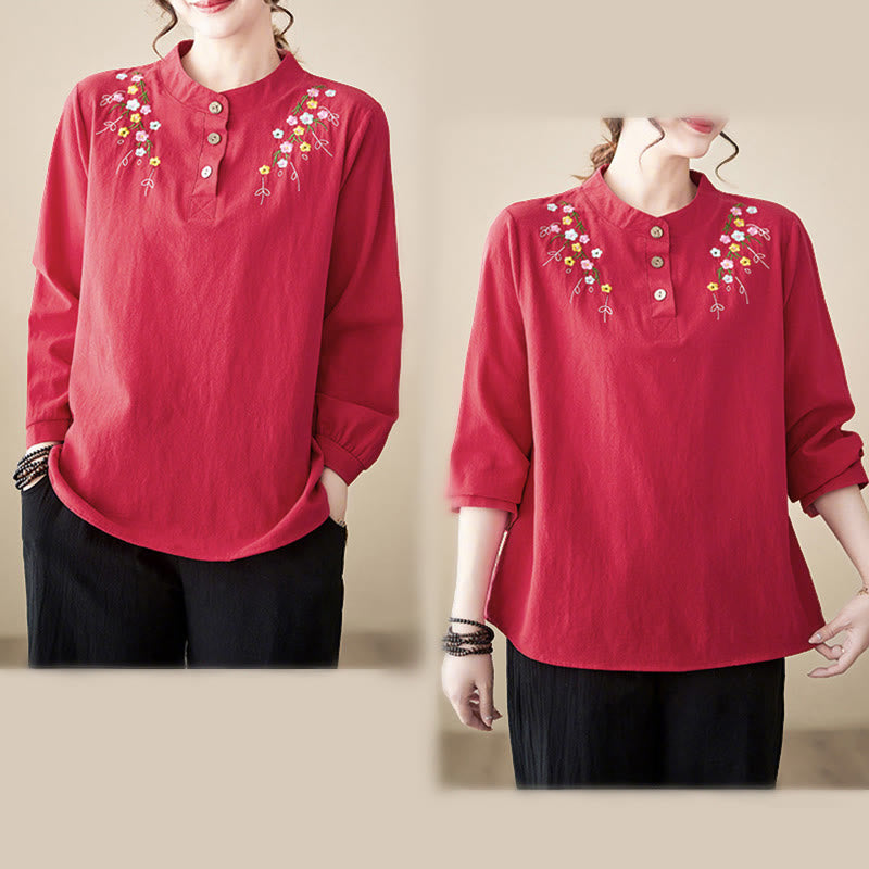 Nimara Ritual Women's Spring Embroidered Flower Pattern Stand Collar Long Sleeve Cotton Shirt