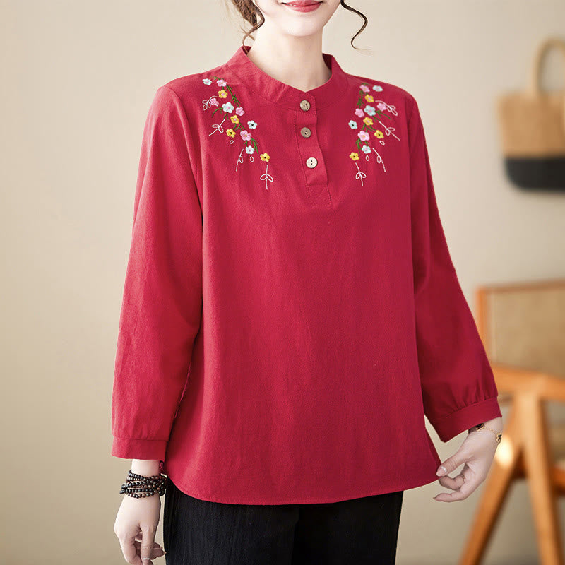 Nimara Ritual Women's Spring Embroidered Flower Pattern Stand Collar Long Sleeve Cotton Shirt
