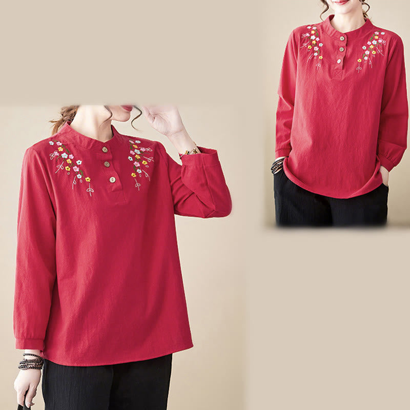 Nimara Ritual Women's Spring Embroidered Flower Pattern Stand Collar Long Sleeve Cotton Shirt