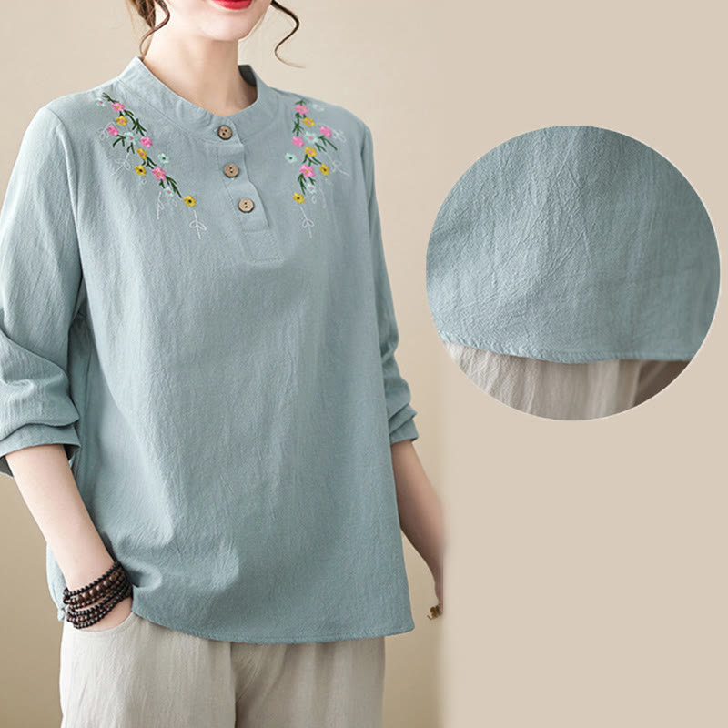 Nimara Ritual Women's Spring Embroidered Flower Pattern Stand Collar Long Sleeve Cotton Shirt