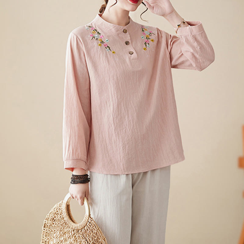 Nimara Ritual Women's Spring Embroidered Flower Pattern Stand Collar Long Sleeve Cotton Shirt