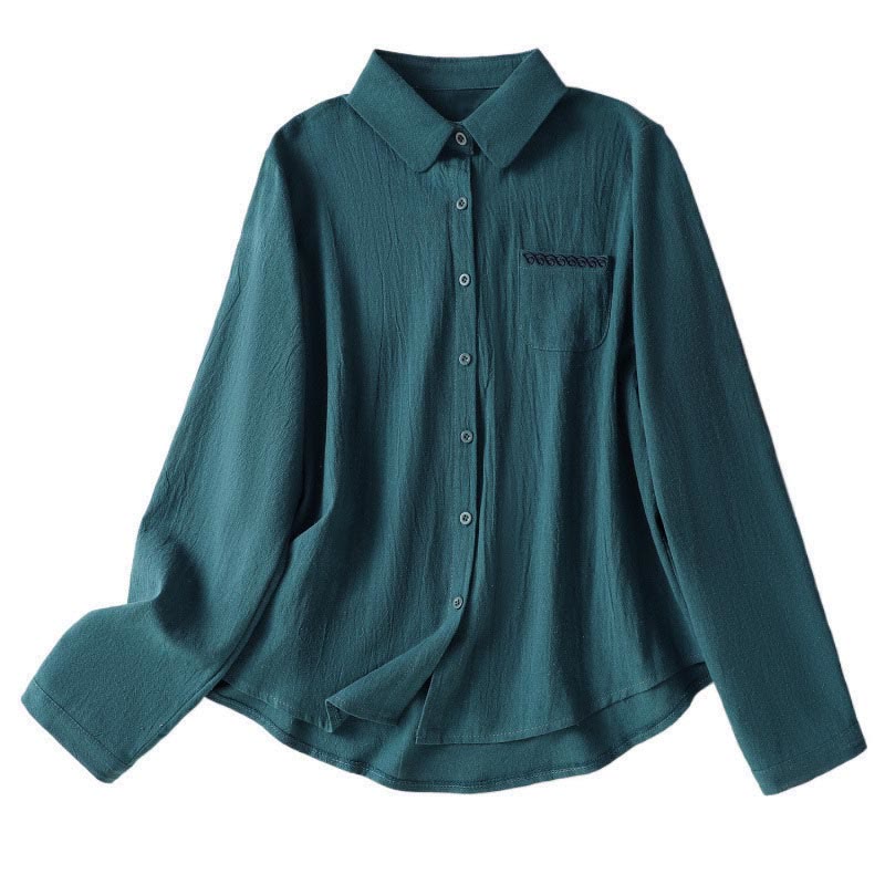 Nimara Ritual Women's Spring Retro Plain Simple Embroidery Design Long Sleeve Cotton Shirt With Pocket