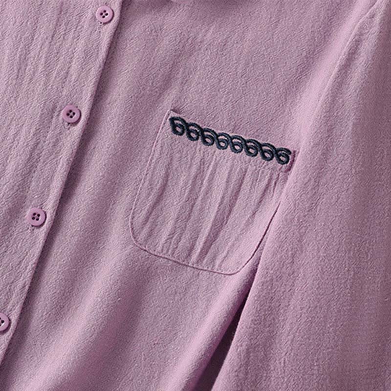 Nimara Ritual Women's Spring Retro Plain Simple Embroidery Design Long Sleeve Cotton Shirt With Pocket