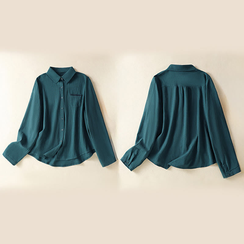 Nimara Ritual Women's Spring Retro Plain Simple Embroidery Design Long Sleeve Cotton Shirt With Pocket