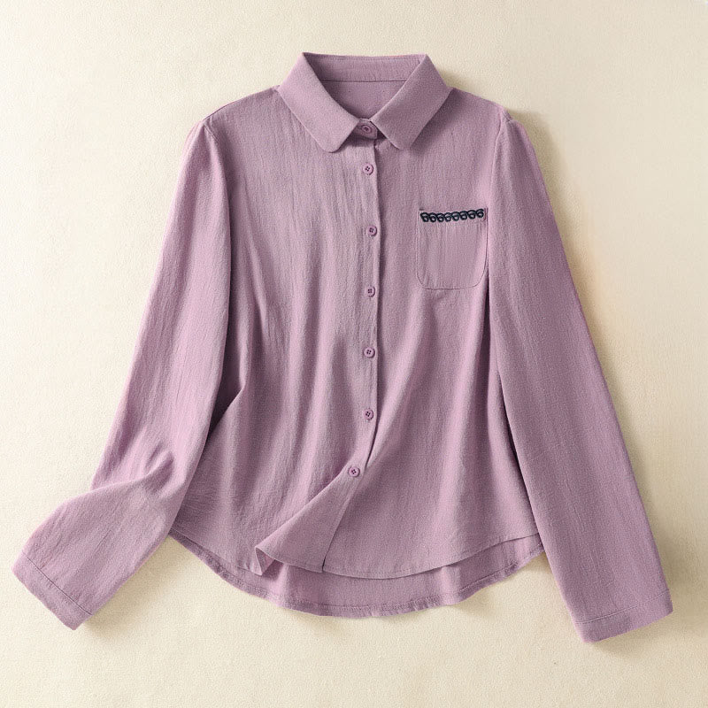 Nimara Ritual Women's Spring Retro Plain Simple Embroidery Design Long Sleeve Cotton Shirt With Pocket