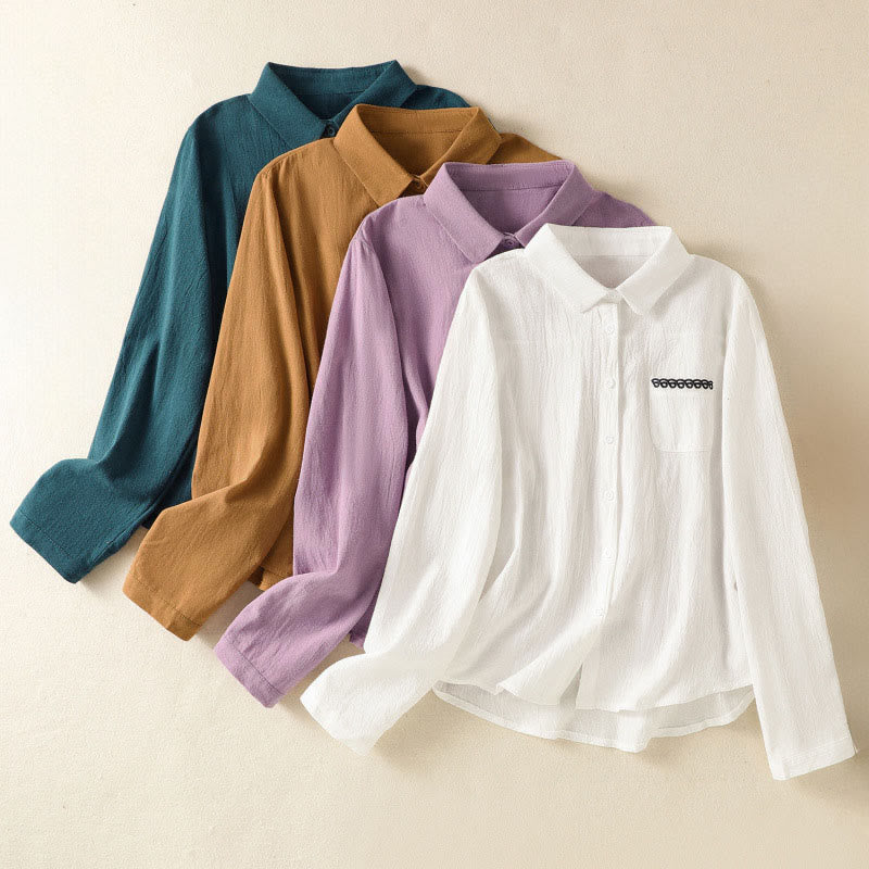 Nimara Ritual Women's Spring Retro Plain Simple Embroidery Design Long Sleeve Cotton Shirt With Pocket