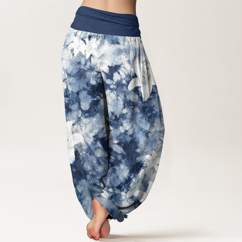 Nimara Ritual Pure Cotton Watercolor Style Lily Pattern Women's Elastic Waist Harem Pants