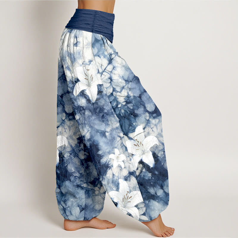 Nimara Ritual Pure Cotton Watercolor Style Lily Pattern Women's Elastic Waist Harem Pants