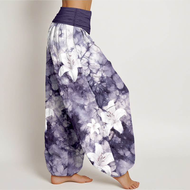 Nimara Ritual Pure Cotton Watercolor Style Lily Pattern Women's Elastic Waist Harem Pants
