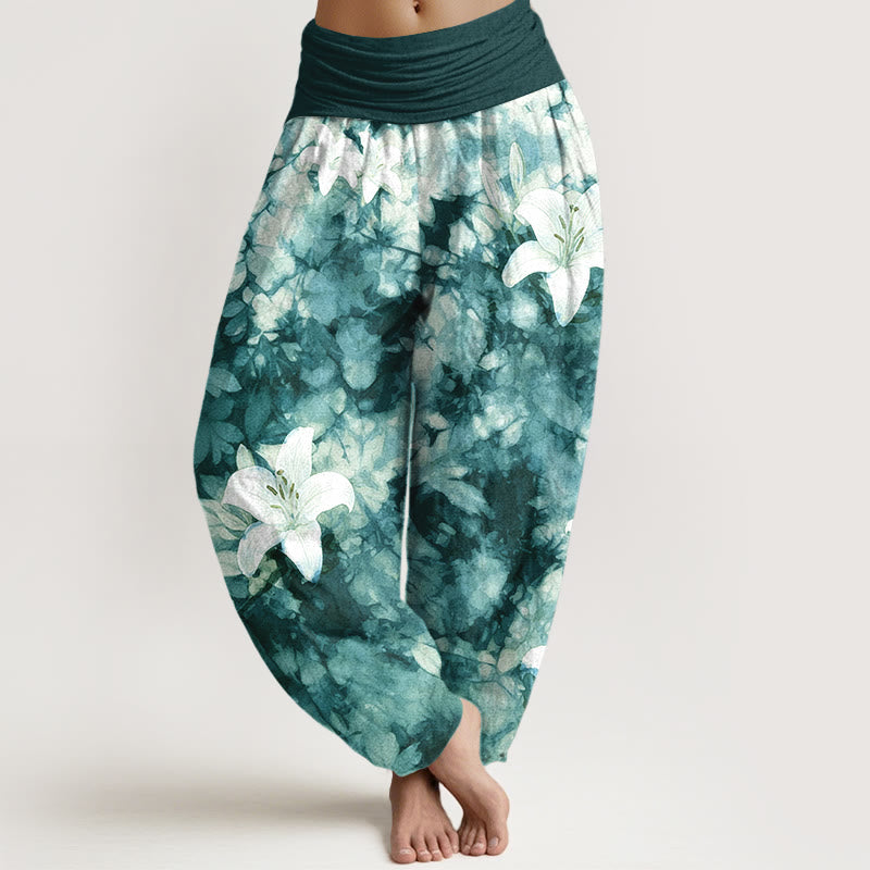 Nimara Ritual Pure Cotton Watercolor Style Lily Pattern Women's Elastic Waist Harem Pants