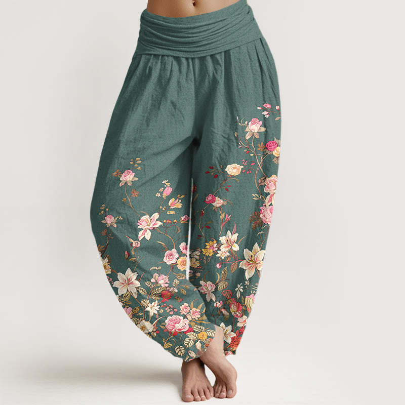 Nimara Ritual Pure Cotton Exquisite Colorful Flower Pattern Women's Elastic Waist Harem Pants