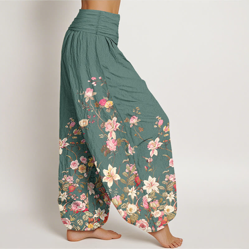 Nimara Ritual Pure Cotton Exquisite Colorful Flower Pattern Women's Elastic Waist Harem Pants