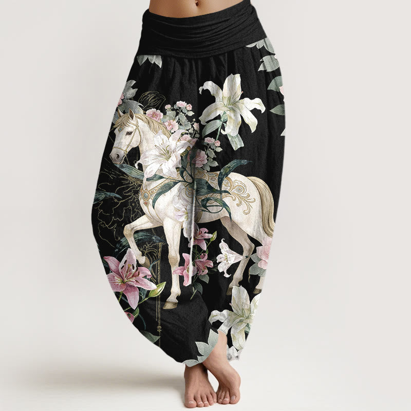 Nimara Ritual Pure Cotton Romantic Horse Lily Peony Pattern Women's Elastic Waist Harem Pants