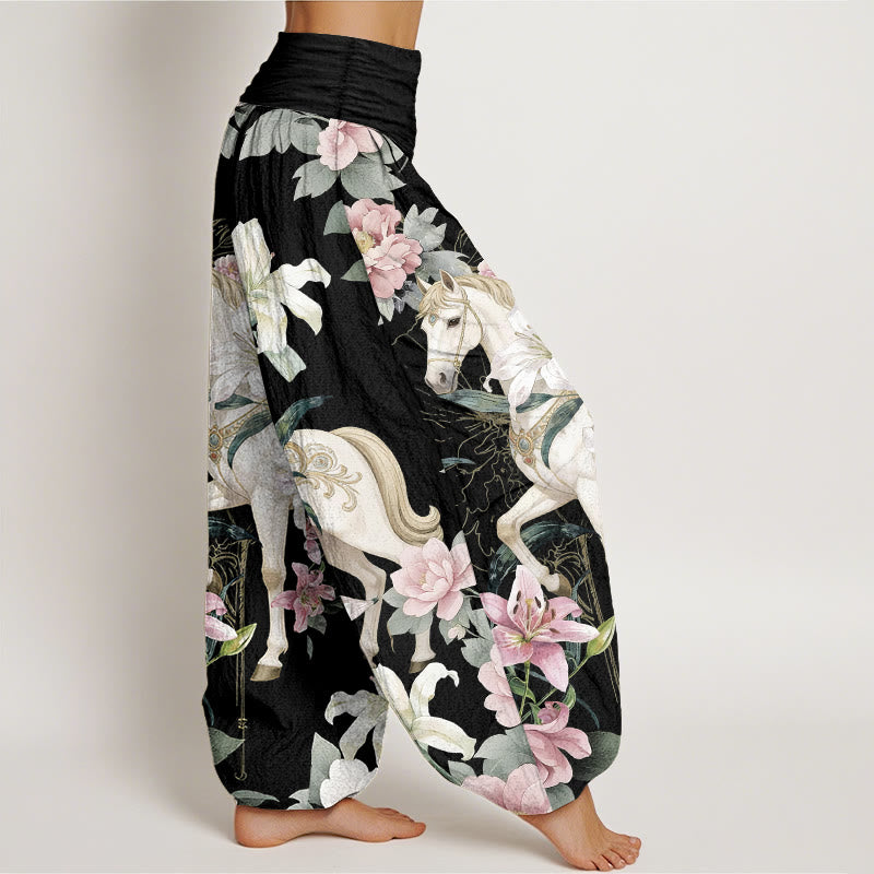 Nimara Ritual Pure Cotton Romantic Horse Lily Peony Pattern Women's Elastic Waist Harem Pants
