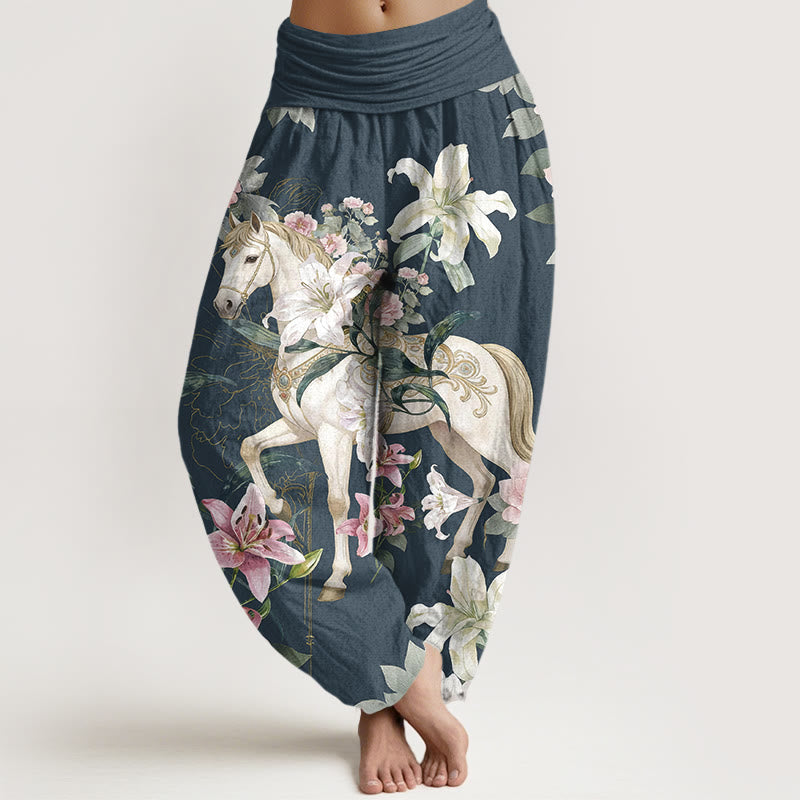 Nimara Ritual Pure Cotton Romantic Horse Lily Peony Pattern Women's Elastic Waist Harem Pants